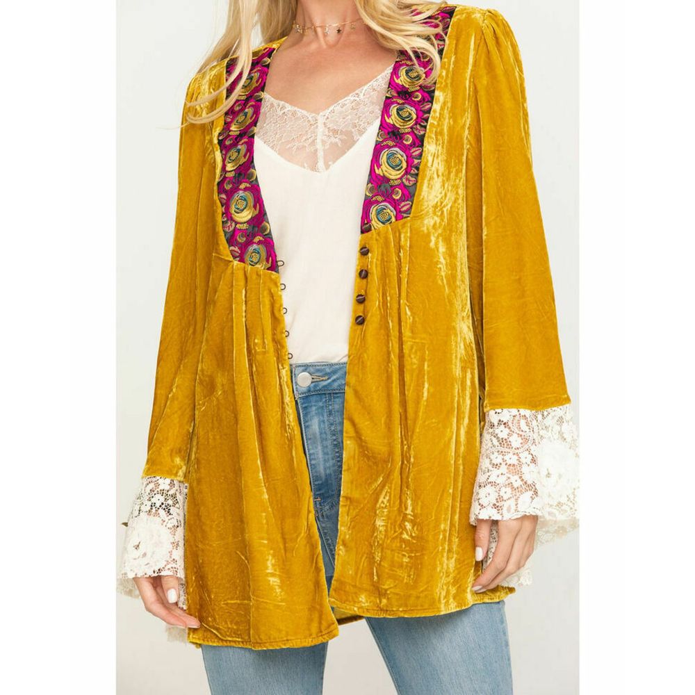 Free People Wanderlust Jacket Yellow Velvet Lace S